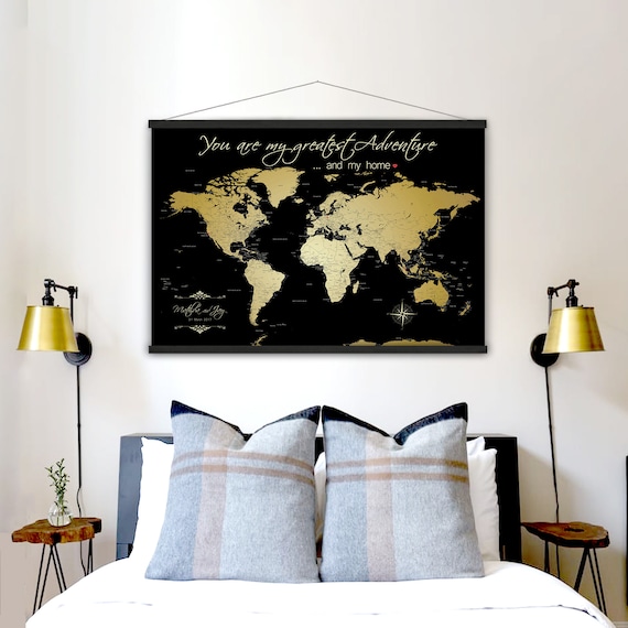 Gold World Canvas Map, Map Large size, Art Map Print, Canvas Map of The World, County and city labels, Anniversary Map, Happy Place Art Map