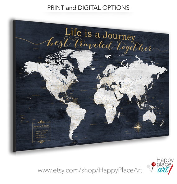 World Map Gift, Personalized Text, Customized Anniversary Gift for Parents, Life is a Journey, Detailed Map for Push Pins with Own Wording