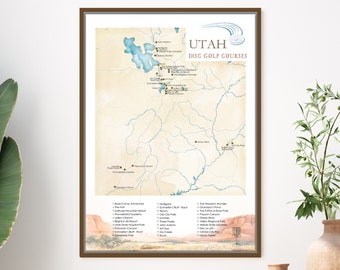 Top Disc Golf Courses Utah Map, Poster, Canvas or Push Pin Map, Mark Courses Played on Disc Golfing Adventure, UT Disc Golfer Gift for Him