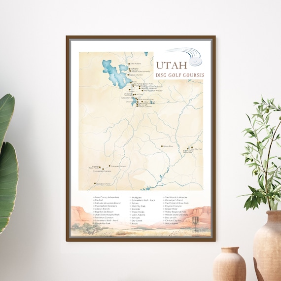 Top Disc Golf Courses Utah Map, Poster, Canvas or Push Pin Map, Mark Courses Played on Disc Golfing Adventure, UT Disc Golfer Gift for Him