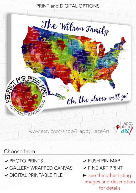 Large and bright art Family Travel Map. USA map with States and major cities, Bright watercolor, Personalized us travel pin map with cities