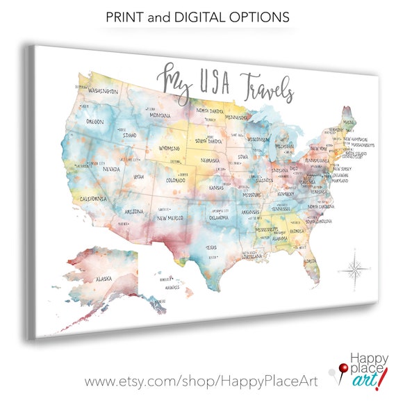 USA Travel Map, Pretty USA Pinboard Wall Map for Young Woman, Gift for Traveler, Gift for Girlfriend, Teen Dorm Canvas Wall Art or Pin Map