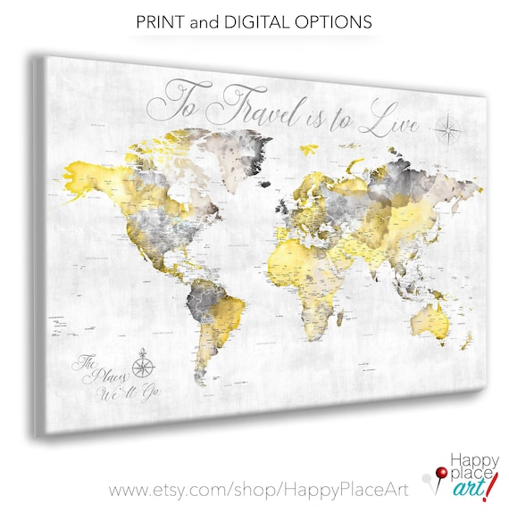 World map print with cities, Watercolor style detailed world map print, Large world map poster, Push Pin Travel map,Gray & Yellow Canvas Map