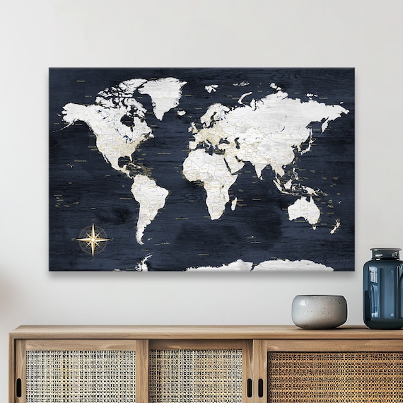 World Map with US States in Navy and Gold. 24x36" Poster Size. Archival Heavyweight Fine Art Paper. Ships out quickly.