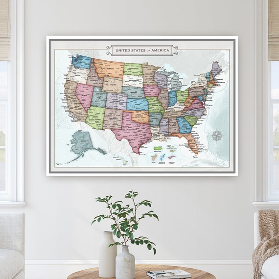 Beautiful USA Wall Map Canvas or Print, Detailed United States Push Pin Map, Vintage Style Travel Wall Art Executive Office, Gift Mom Poster