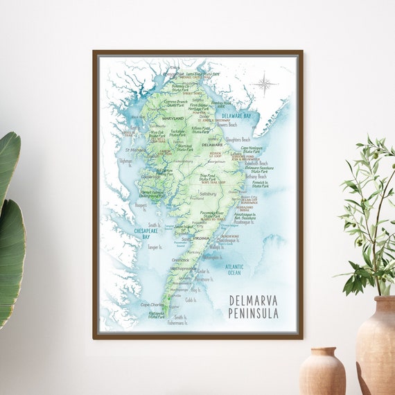 Delmarvar Peninsula Map Wall Art Vacation Home, Watercolor Tourist Map or Hiker Gift, Personalized Delaware PushPin Map Canvas or Framed Art