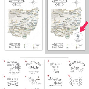 Ohio State Map Office Wall Art, Gift for Hiker, Active outdoor Adventures in Ohio, State Park List Optional Personalization Push Pin Map image 4