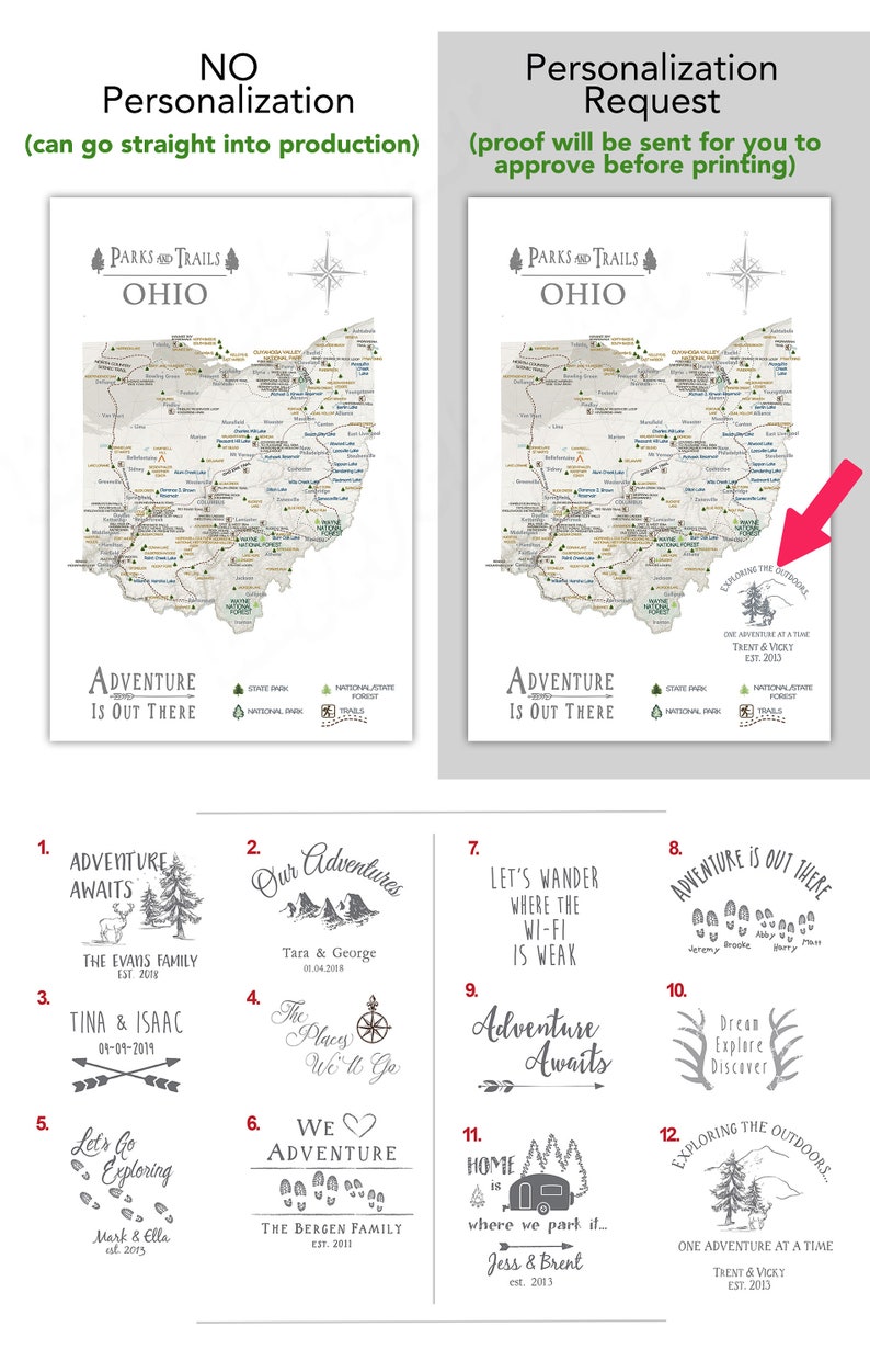 Ohio State Map Office Wall Art, Gift for Hiker, Active outdoor Adventures in Ohio, State Park List Optional Personalization Push Pin Map image 4