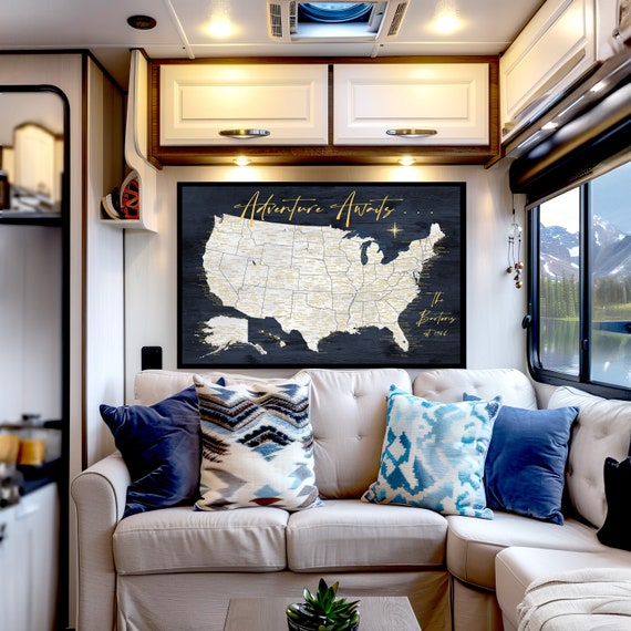 Personalized RV Wall Map, USA Push Pin Map for Family Travels, Camper Decor, Adventure Caravan Interior Print, Custom Sizes & Colors Avail.