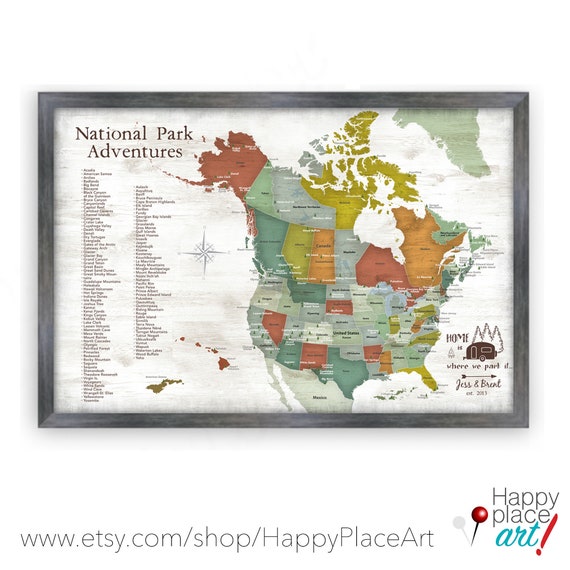 USA and Canada National Parks map for Push Pin map &List of Park Map for Hiking Enthusiast, RV Traveler Gift, Outdoor Adventures Pinboard