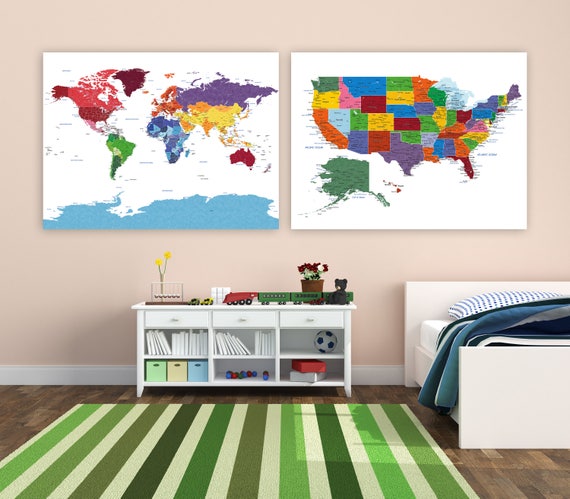 Set of 2 Map Prints, Bright Primary colors, Homeschool Maps, World map, USA map, Cities, Country Names, Travel map, Push Pin Map or Canvas