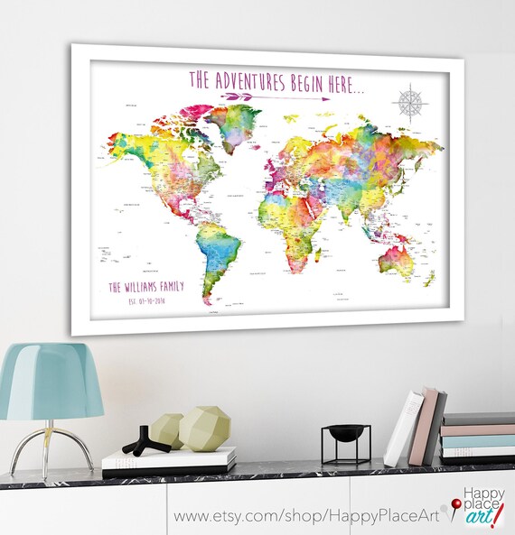 World Map Pin Board Map with Canvas, Family Push Pin World Map, Perfect Anniversary Gift for Travel. Large Map Poster or Printable Options.