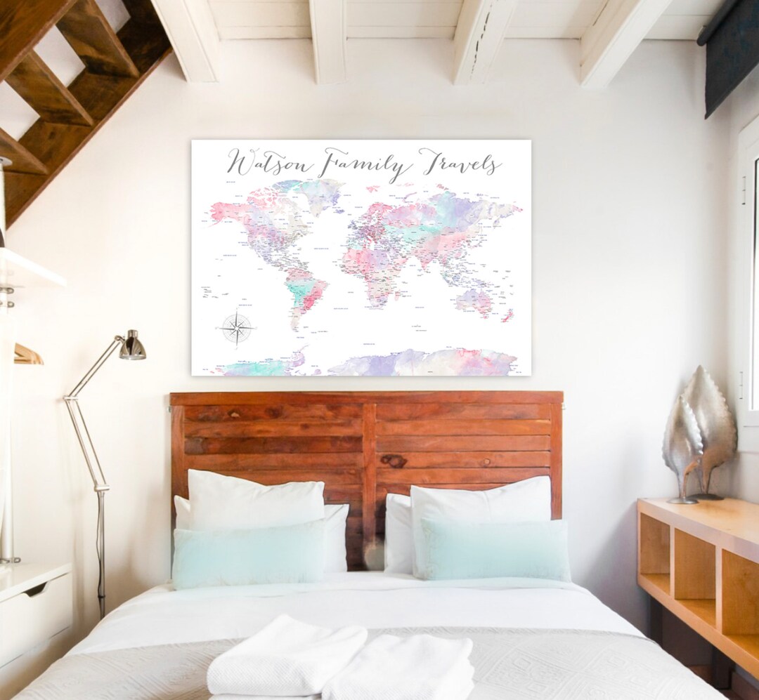 Pin Map of the World, Track Family Travels, Soft Pink Wall Art, Large ...