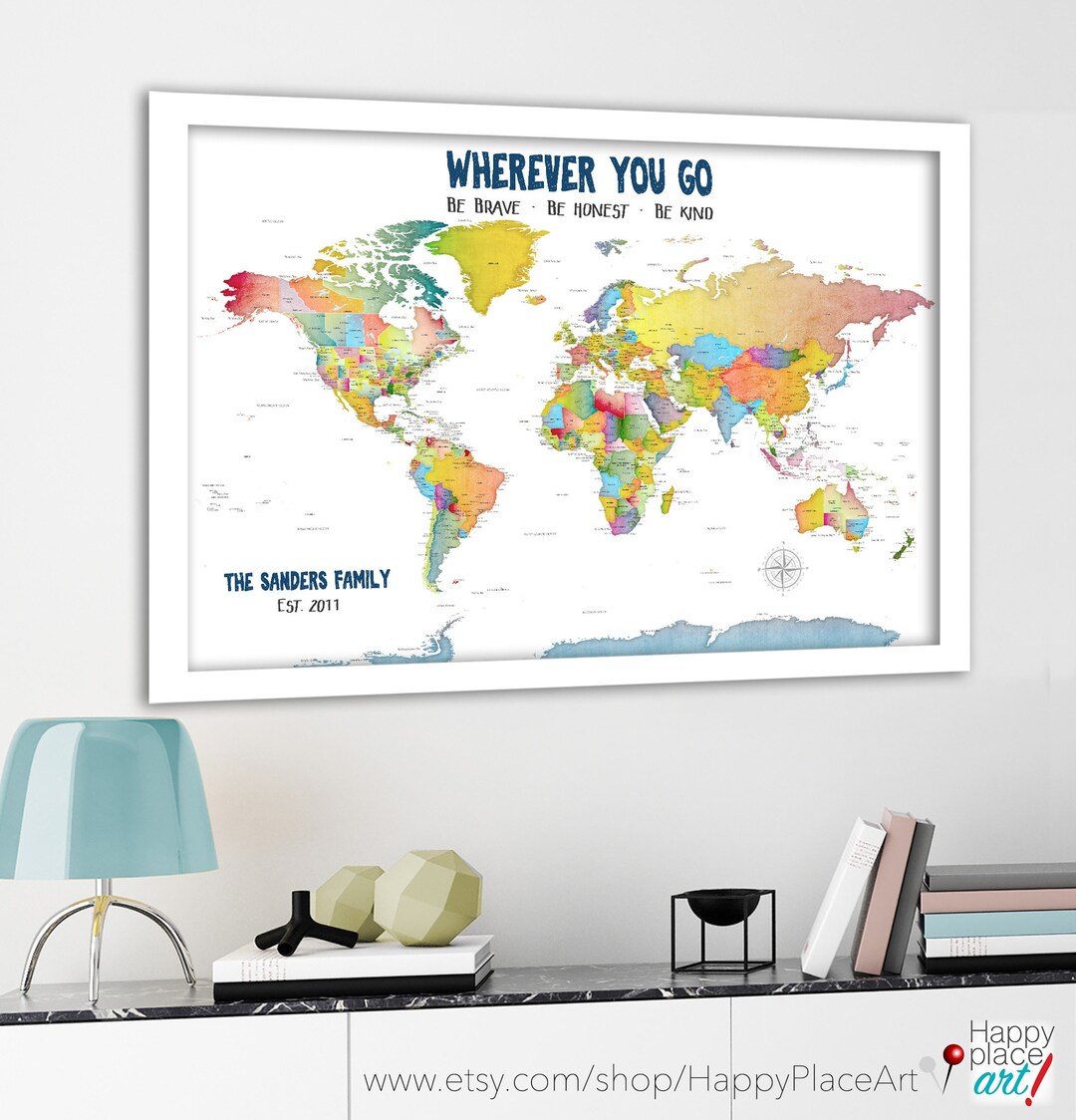 Personalized Family World Map, Colourful Map Print, Canvas Push Pin Map ...