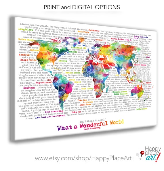 Wonderful World Map Poster Art, Artistic World map.  Watercolor world map in Rainbow Large World Map Typography Printable. Map with text art