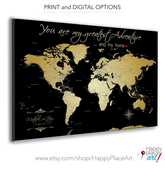 Black and Gold World Map Gift, You are my greatest Adventure or your Own Wording, Personalized Text, Customized Anniversary Gift for Parents