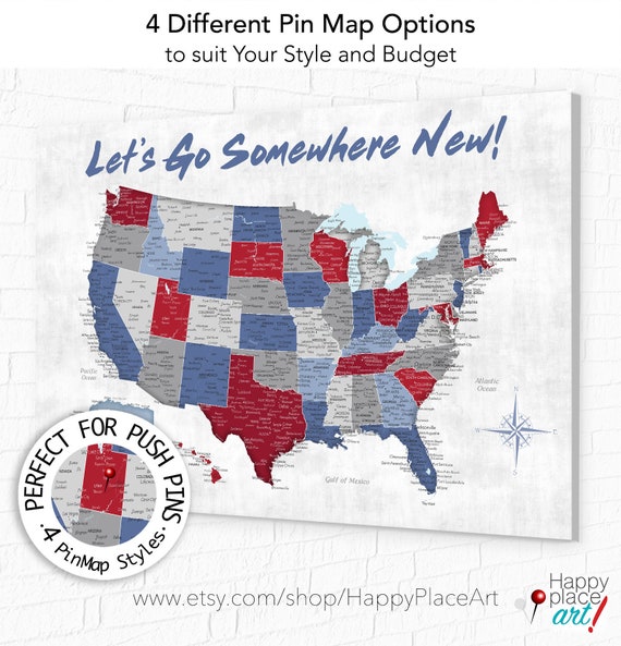 Map for New Adventures, USA Travel Map. Use Push Pins to Plan a Next Vacation with Different Color Pins. Add Personalized Legend for Free.