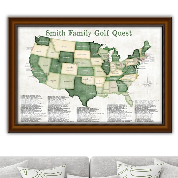 Framed Golf Print Top Pro Golfer USA Golfing Destinations Tracking Locations of Golf Courses in the US Canvas, Poster or Framed Push Pin Map