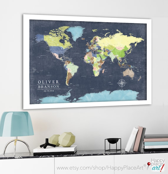 Boys Bedroom Wall Art, Canvas, Poster or Push Pin World Map, Adventure map for kids, Detailed to suit teens & future travels. Opt to add key