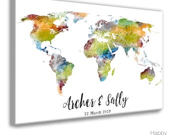 Custom Watercolor Travel map, Wedding signature map, alternative wedding guest book idea, World trip map print. Boyfriend Anniversary Idea