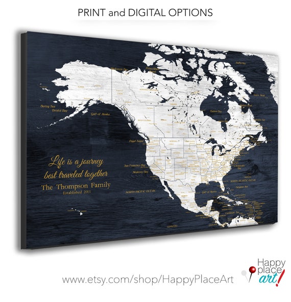 North America Map including the Caribbean Islands. Personalize for Wedding Couple or Retirement Gift for travellers. Adventure Awaits Map