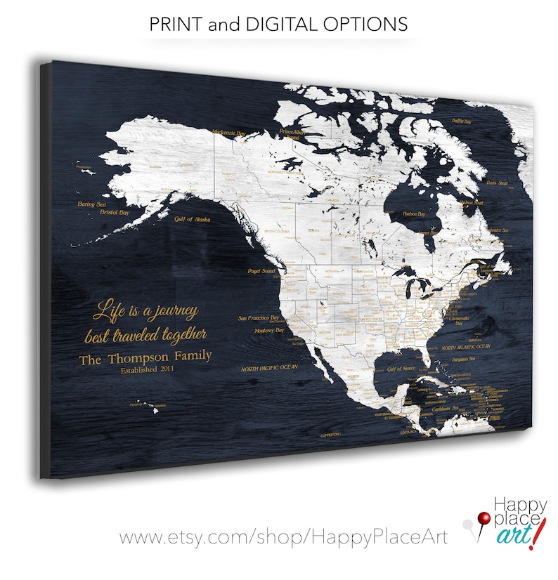 North America Map including the Caribbean Islands. Personalize for Wedding Couple or Retirement Gift for travellers. Adventure Awaits Map image 1