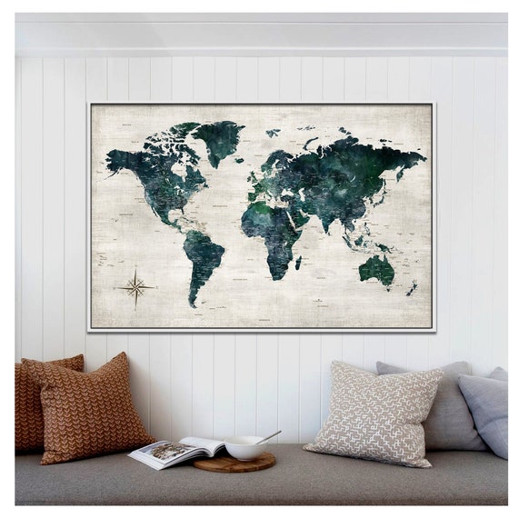 Framed Canvas Push Pin Map, Farmhouse Wall Art, Customized World Map Travel Art, Personalized Family Canvas, Green Rustic Map Print  for Him