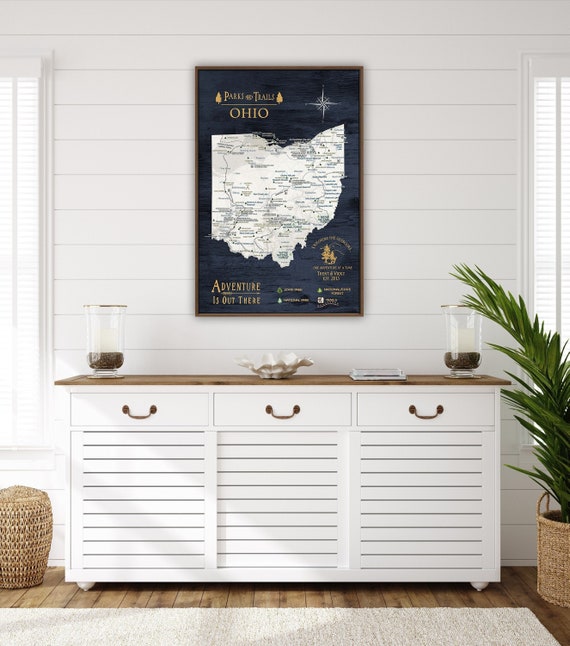 State of Ohio Map, Navy Map State Parks List, Hiking Trail Gift for Boyfriend, Push Pin Ohio State Print, Personalized Hiking Canvas Gift