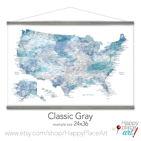 Large USA Map, Soft Blue Watercolor United States Map, Canvas Map Print of USA, Wall Map Wood Frame, Road Trip States and Detailed Cities