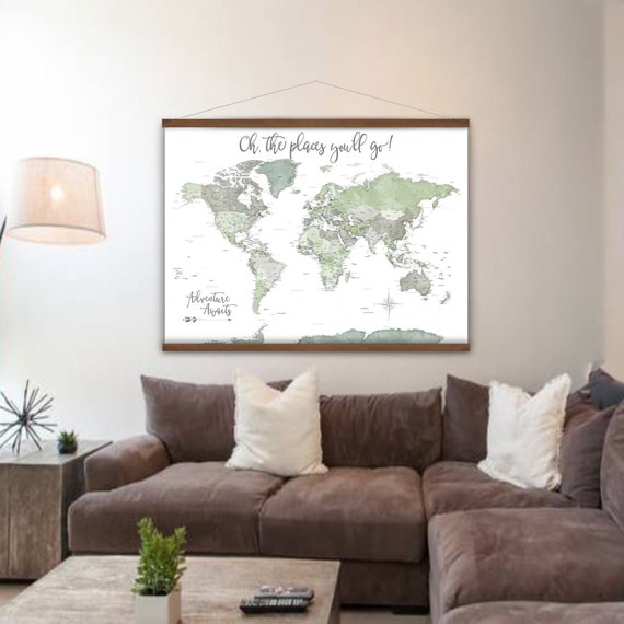 Green and Gray Nursery World Map, Gender Neutral Canvas Wall Map Art Print, Olive Green Wall Map of The World, Adventure Awaits Travel Map