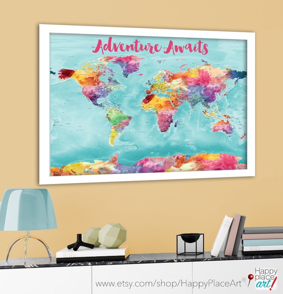 Colorful World Map, Bright World Map with US States, Cities, Large detailed world map, Canvas world map print, watercolor map, Push Pin Map