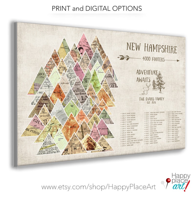 New Hampshire Peaks Push Pin Map, NH 4000 Footer Hike Checklist, New England PeakBagging, 4000 ft Mountain Peaks Anniversary Hiking Map Gift image 2