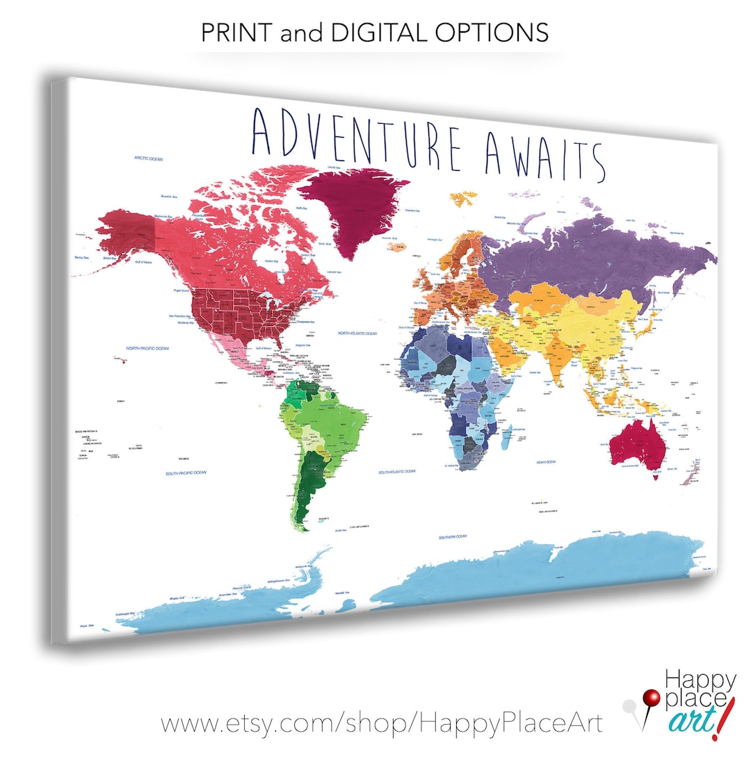 Educational World Map Print, Detailed World Map, Push Pin Foam Map ...