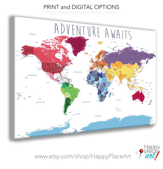 Educational World Map Print, Detailed World Map, Push Pin Foam Map, World Map with quote, World map for kids, Adventure Awaits World Map,