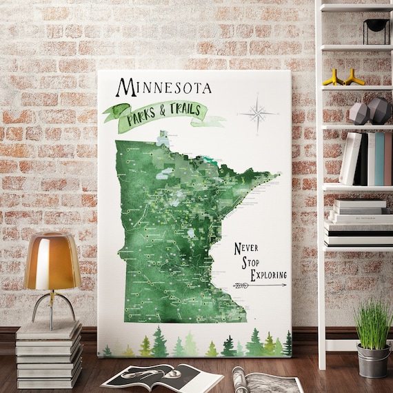 Minnesota Push Pin Map with State Parks and popular Hiking trails of MN, State Map Canvas, Family Hiking Adventures Gift Exploring Minnesota