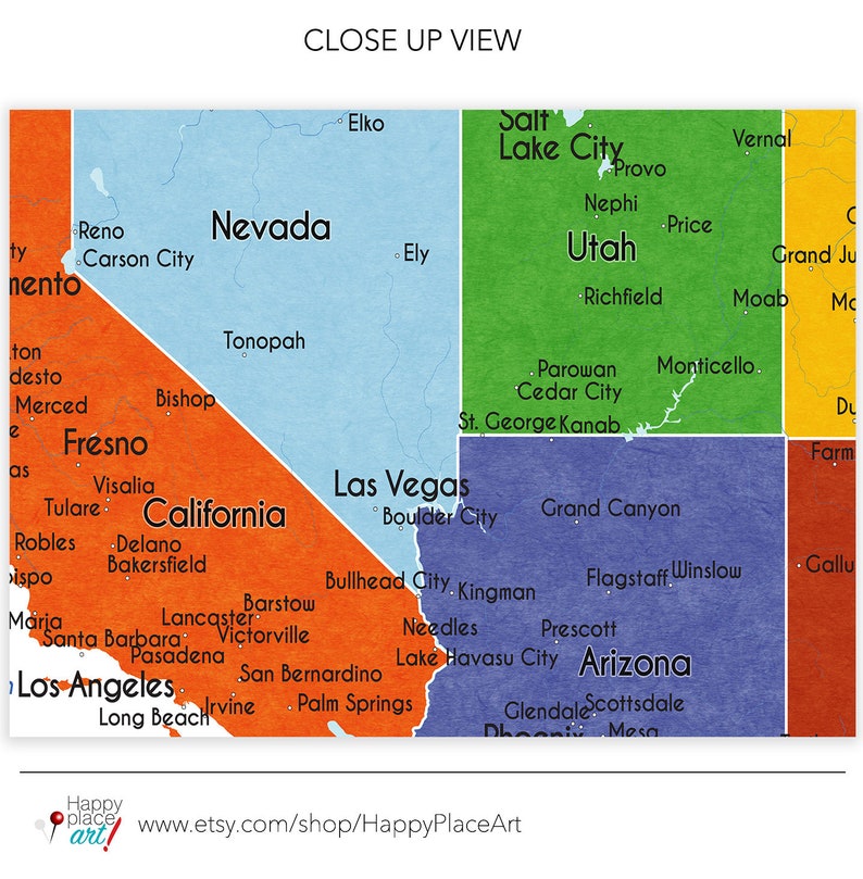 Detailed USA map with cities, and states labels. US map print with city names and state names added. Neutral colors. Push pin map idea image 4