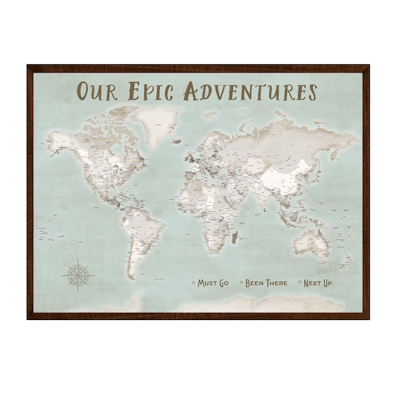 Vintage Style Modern Map, USA states on world map, Distressed Mint Green Map, Cream Rustic texture, Map of the World Gift for Anniversaries