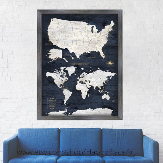 Gift for Husband, Travel Map Navy and Gold, USA Map & World Map in one Large Print, Digital, Unframed Canvas or Large Framed Push Pin Map.