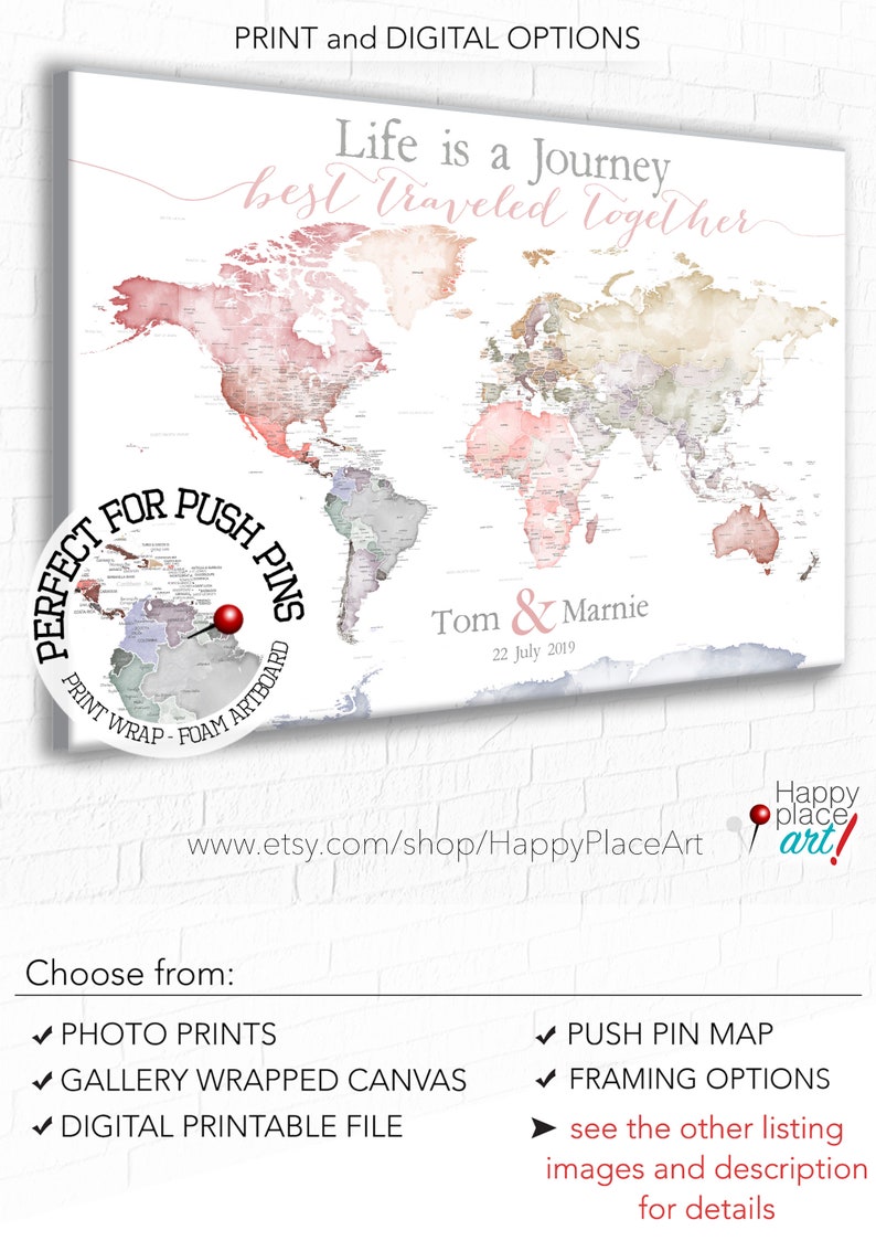 Anniversary World Map. Push Pin map Detailed USA states and cities. Romantic Travel Map with Names and Date, Framed world map Gift for wife image 5