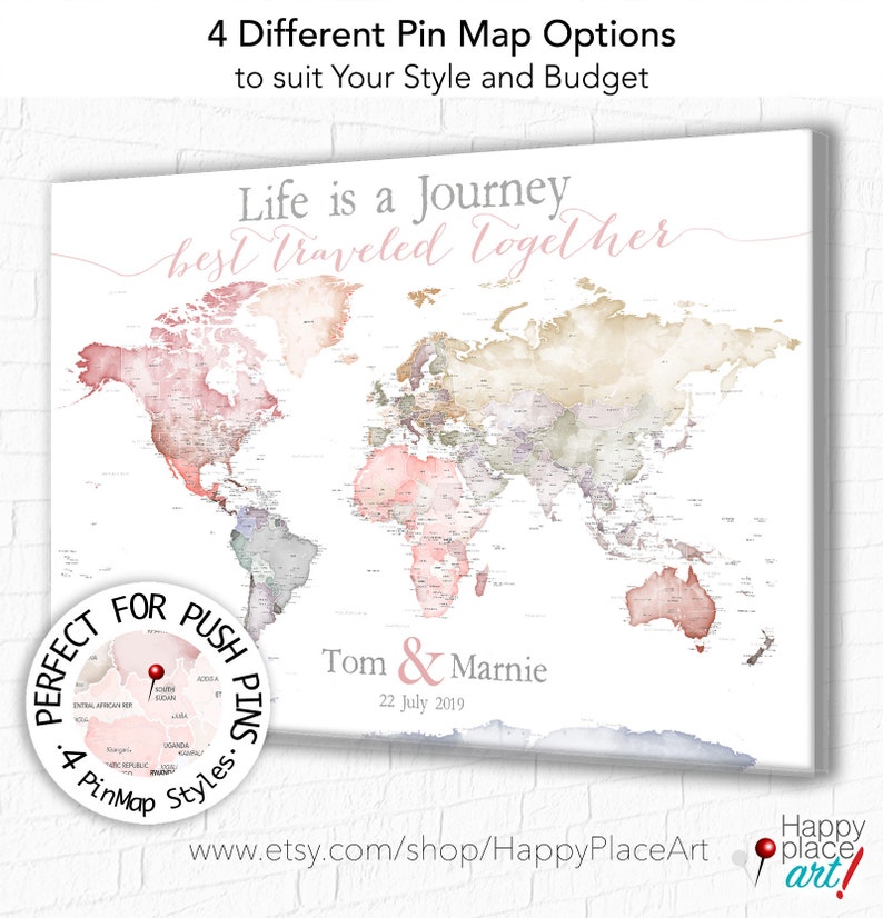 Anniversary World Map. Push Pin map Detailed USA states and cities. Romantic Travel Map with Names and Date, Framed world map Gift for wife image 7