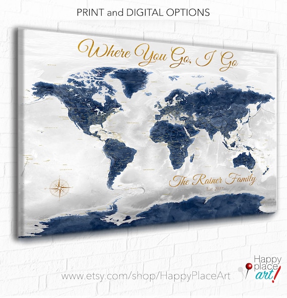 World Map with Romantic Quote, Personalized Anniversary, Push Pin Travel Map, Wedding Gift Print with Names, Wedding Couple Travel Art Map