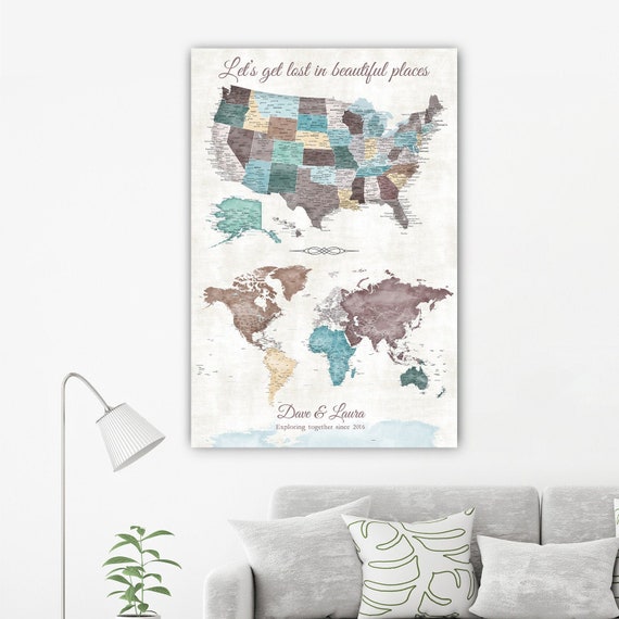 Set of Detailed Maps World and USA, Gift for Traveler with optional Personalized Text, Cream & Earthy Color, Large PIn Map, Canvas or Print