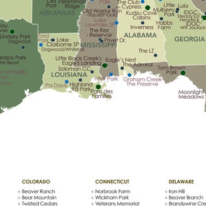 May include: A detailed map of the southeastern United States, highlighting states like Arkansas, Louisiana, Mississippi, Alabama, and Georgia. The map features various parks, reservoirs, and geographical locations with labels in a clear, readable font.