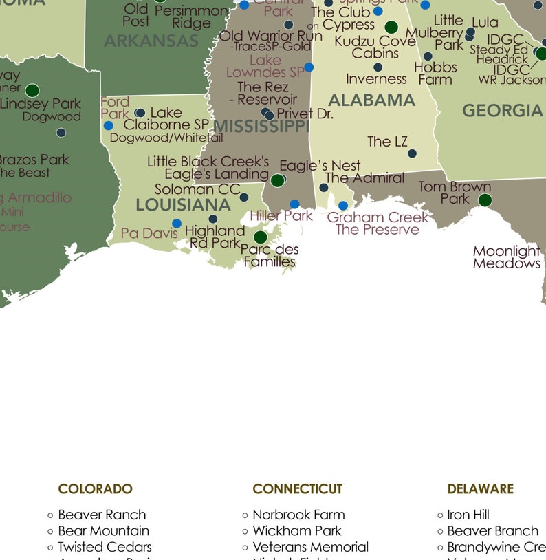 May include: A detailed map of the southeastern United States, highlighting states like Arkansas, Louisiana, Mississippi, Alabama, and Georgia. The map features various parks, reservoirs, and geographical locations with labels in a clear, readable font.