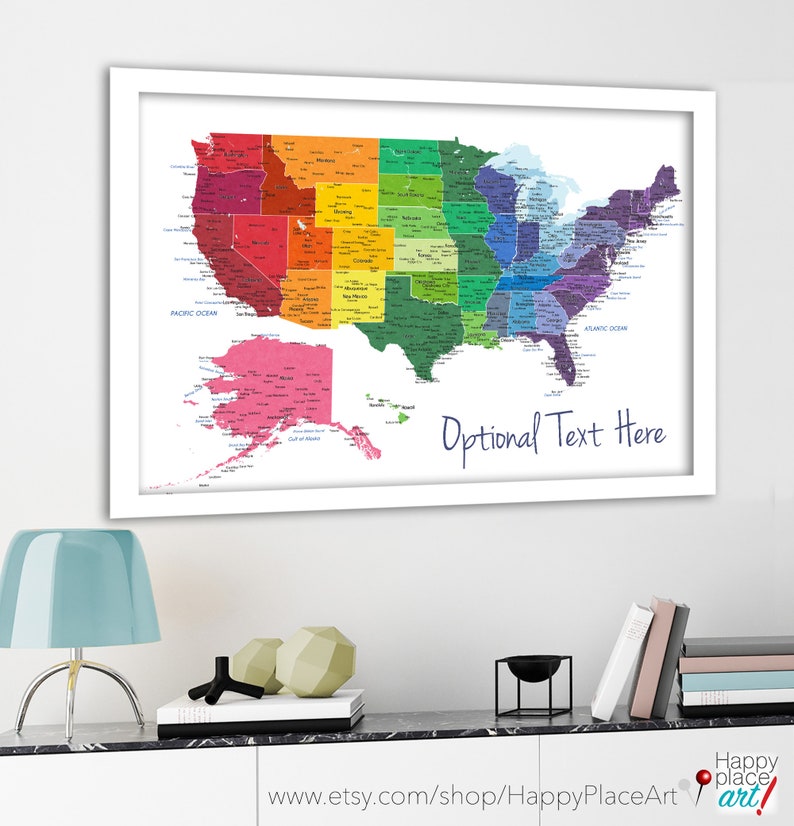 Bright rainbow color united states map, US map canvas, Family travel push pin map, Pushpin travel map, personalize USA map, USA map & cities image 6