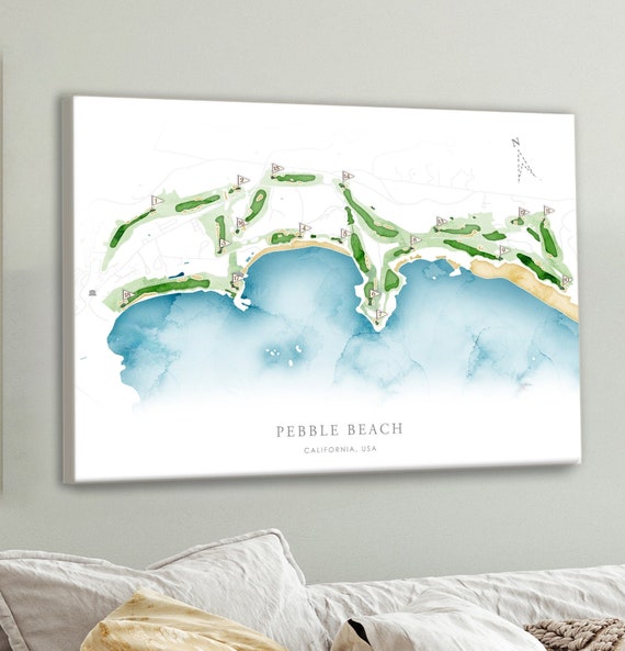 Pebble Beach Golf Course Map Layout, California Golfer Gift, Husband Anniversary, Framed Watercolor Golf Course Canvas, Golf Print for Dad,
