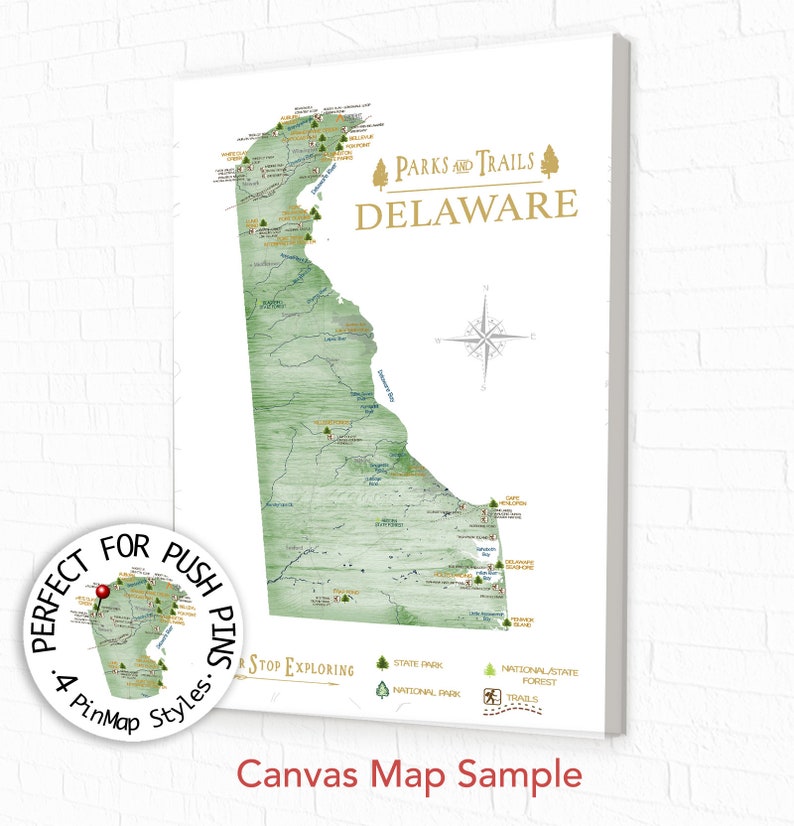 Hiking in State Parks, Delaware Adventure Map, State Parks Print & Mountain Hike Trails, Hiking Gift, Personalized Delaware State Map Poster image 5