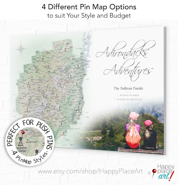 Adirondacks Map, Personalized Hiker Gift, Mt Marcy, Lake Placid, High Peaks Push Pin Map, Print, Canvas Adirondack Park, Hike enthusiast map