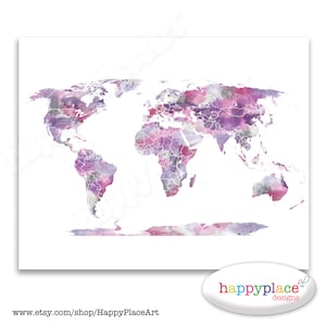 Roze en paarse muurkunst, aquarel wereldkaart poster, 8 x 10, 11 x 14, wereldkaart voor meisje, vrouwelijke print, afdrukbare kaart, roze wereldkaart print