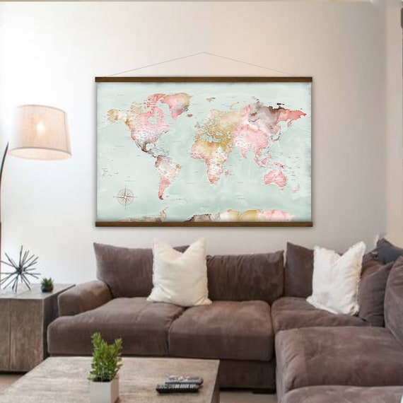 World Map Wall Hanging Canvas, Map of the World, Anniversary Personalized Travel Gift for Wife Push Pin Map Legend for Family Adventures,